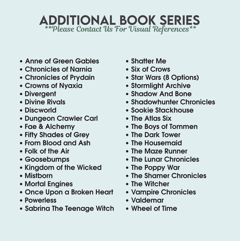 May include: A teal graphic lists "Additional Book Series" with a variety of titles, including "Anne of Green Gables," "Divergent," and "Star Wars." The text is in a sans-serif font, with a call to contact for visual references.