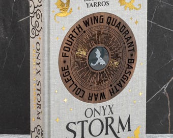Onyx Storm Custom Rebind with a Laser Engraved Onyx Gemstone and Embedded Gold Burst Walnut Hardwood Empyrean Book 3 Rebecca Yarros