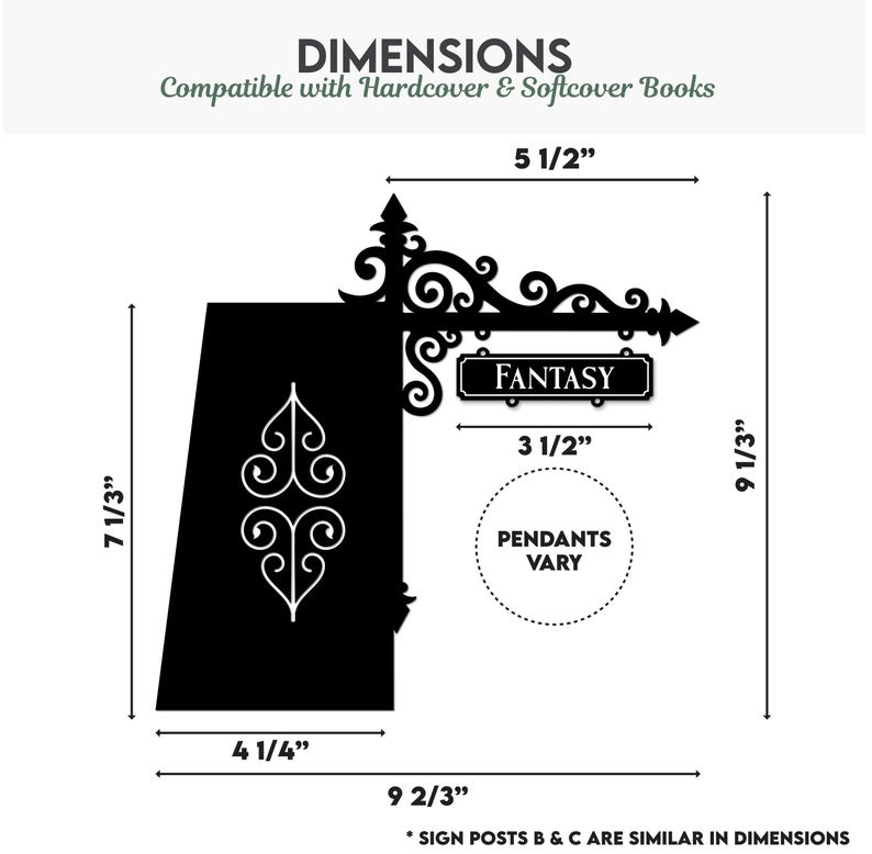 May include: Black metal sign with the word "FANTASY" on a rectangular plaque. The sign is 9 1/3 inches tall and 9 2/3 inches wide. The sign is compatible with hardcover and softcover books.