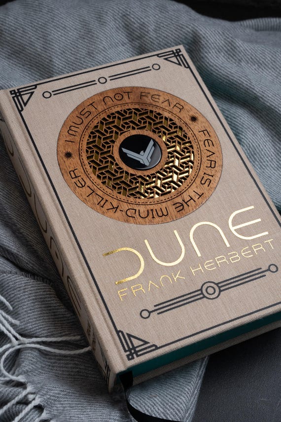 Dune Custom Rebind Hardcover Rare Book with Laser Engraved Onyx Gemstone and Geometric Mahogany | Science Fiction Book Gift | Gifts For Him
