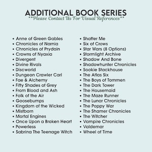 May include: A teal graphic lists additional book series titles in white font. Titles include "Anne of Green Gables", "Divergent", "Star Wars", and "The Witcher". The text "Additional Book Series" is at the top.