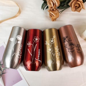 Bridesmaid Tumbler, Wine Glass, Personalized Champagne Glasses, Gifts for Bachelorette Party, Wedding Favor, Birth Flower Gifts for Her