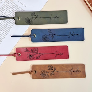 Personalized Leather Bookmarks for Her, Custom Birth Month Flower Bookmark, Christmas Gift, Birthday Gift, Gifts for Readers, Book Lovers