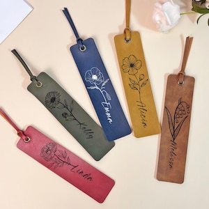 Personalized Leather Bookmarks for Her, Custom Birth Month Flower Bookmark, Christmas Gift, Birthday Gift, Book Lovers, Gifts for Readers