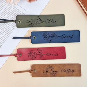 Personalized Leather Bookmarks for Her, Custom Birth Month Flower Bookmark, Christmas Gift, Birthday Gift, Book Lovers, Birthday Gift
