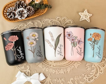 Personalized Stainless Coffee Cup, Bridesmaid Proposal Gift, Wine Tumbler with Lid, Stainless Steel Bottle, Birth Flower Bridesmaid Gift