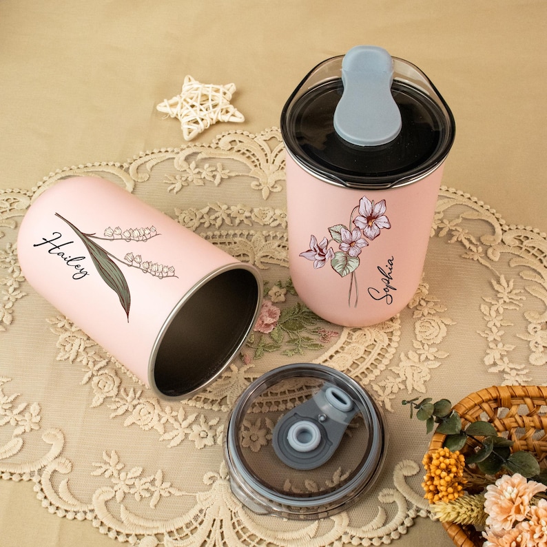 Personlig rostfrierikopp, brudtärnepresent, vinglass med lock, rostfrieriflaska, brudtärnepresent med födelseblomma bild 7