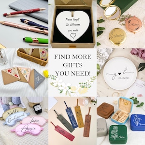 May include: A collage of gift items including pens, a heart-shaped ornament, compact mirrors, personalized sleep masks, bookmarks, jewelry boxes, and a decorative plate. The text "FIND MORE GIFTS YOU NEED!" is also visible.