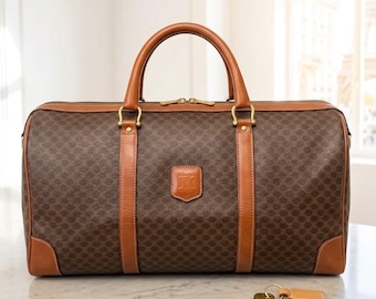 Authentic Celine Macadam Duffle Bag Vintage Brown Canvas Travel Bag, Celine Paris Boston Bag with Leather Trim, Luxury Weekend Carry On