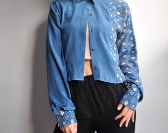 Upcycled Kimono Blue and Patterned Button Down Blouse with High Low Hem