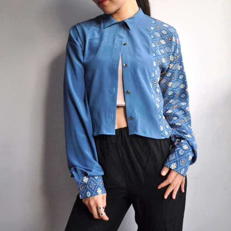 Upcycled Kimono Blue and Patterned Button Down Blouse with High Low Hem image 1