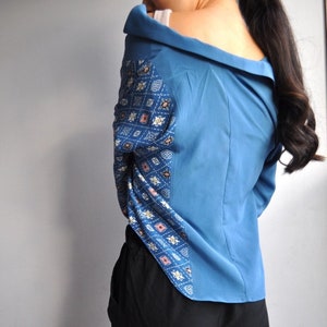 Upcycled Kimono Blue and Patterned Button Down Blouse with High Low Hem image 3