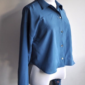 Upcycled Kimono Blue and Patterned Button Down Blouse with High Low Hem image 5