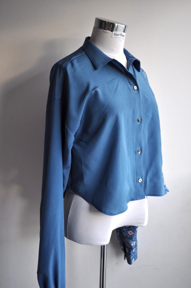 Upcycled Kimono Blue and Patterned Button Down Blouse with High Low Hem image 5