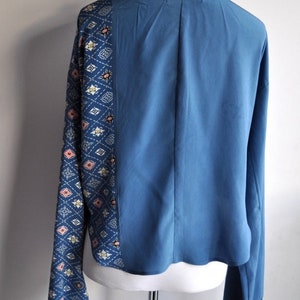 Upcycled Kimono Blue and Patterned Button Down Blouse with High Low Hem image 7