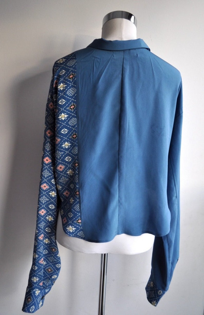 Upcycled Kimono Blue and Patterned Button Down Blouse with High Low Hem image 7