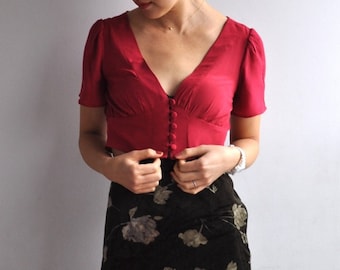 Upcycled Kimono Crimson Short Sleeve Walnut Button V-Neck Blouse