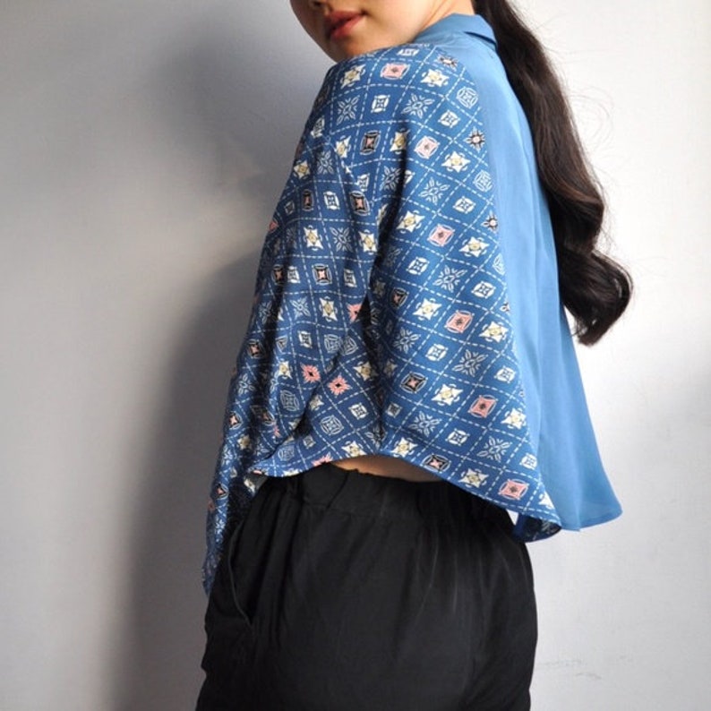 Upcycled Kimono Blue and Patterned Button Down Blouse with High Low Hem image 2