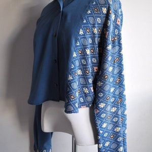 Upcycled Kimono Blue and Patterned Button Down Blouse with High Low Hem image 10