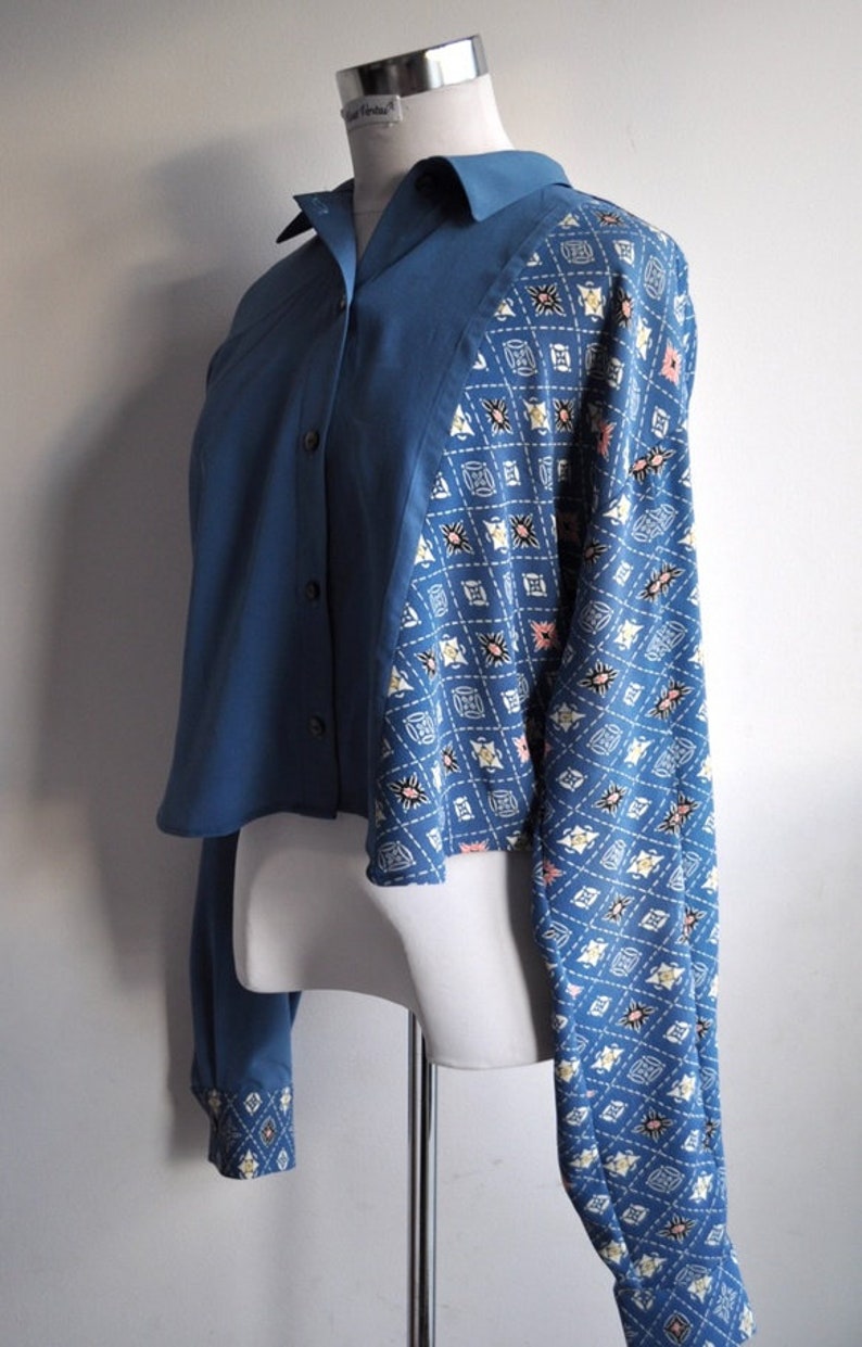 Upcycled Kimono Blue and Patterned Button Down Blouse with High Low Hem image 10