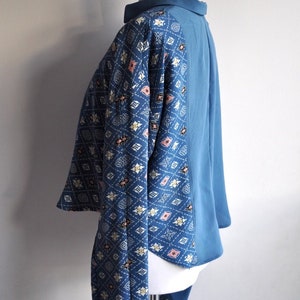Upcycled Kimono Blue and Patterned Button Down Blouse with High Low Hem image 8