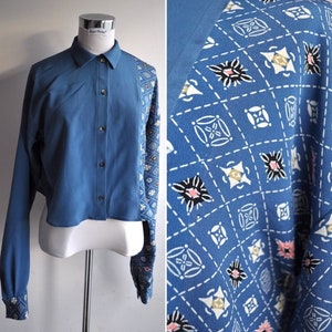 Upcycled Kimono Blue and Patterned Button Down Blouse with High Low Hem image 4