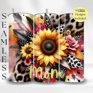 Mom Tumbler Wrap Design Sublimation Printing Instant Digital Download PNG 300 DPI File Girly Pattern Cute Preppy with Flowers Cheetah Print