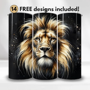 May include: A sublimation design featuring a lion's face with a black background and white speckles. The design is for a 20 oz tumbler.