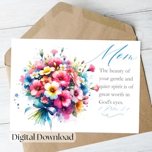 Christliche Muttertag druckbare Grußkarte Sofortige digitale PNG-Datei Download DIY Print 5 x 7 Karte für Mama Wertschätzung Danke Floral