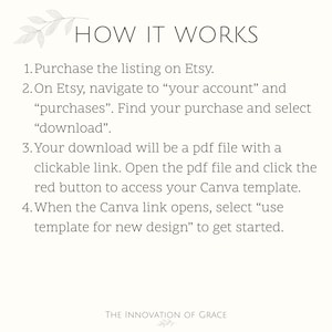 May include: White graphic with the text "HOW IT WORKS" and numbered steps for purchasing and downloading a template from Etsy. The steps include navigating to "your account" and selecting "download". The bottom of the graphic reads "THE INNOVATION OF GRACE".