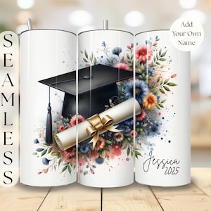 May include: White tumbler featuring a graduation cap, diploma, and floral arrangement in shades of blue, red, and orange. The tumbler has the text "Jessica 2025" and the word "Seamless" vertically on the side.