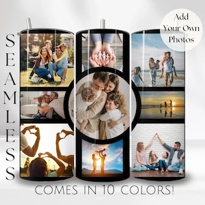 Op de afbeelding: Een roestvrijstalen beker met een collage van familiefoto's. Het ontwerp bevat de tekst "Add Your Own Photos" en "Comes in 10 Colors!". Het woord "SEAMLESS" staat verticaal op de zijkant.