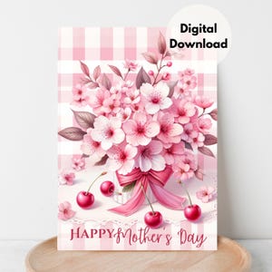 Cartão para impressão de Dia das Mães Coquette Flores de cerejeira rosa primavera Feliz Dia das Mães Pint at Home Cartão sentimental para mãe Download de arquivo PNG