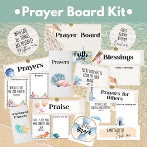 May include: A prayer board kit with various cards and circular elements. The kit includes cards labeled "Prayers," "Blessings," and "Praise," along with inspirational quotes and beach-themed illustrations. The text "Prayer Board Kit" is at the top.