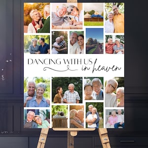 Może przedstawiać: Drewniany sztalug prezentuje kolaż zdjęć przedstawiających starsze pary. Zdjęcia są ułożone wokół tekstu "DANCING WITH US in heaven". Zdjęcia przedstawiają pary uśmiechnięte, obejmujące się i cieszące się zajęciami na świeżym powietrzu. Ogólnym tematem jest miłość i pamięć.