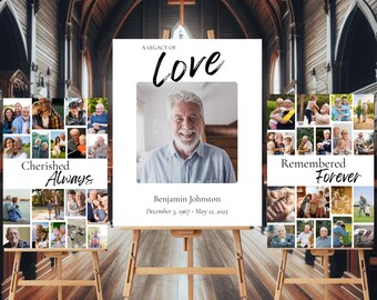Collage fotografico con cartello funebre, modello Canva modificabile, download digitale istantaneo, set di poster personalizzati per la celebrazione della vita in memoria d'amore
