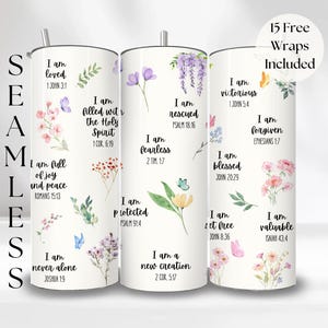 May include: White stainless steel tumbler with floral and butterfly designs, and inspirational text. The tumbler features the phrases "I am loved," "I am victorious," and "I am valuable." Includes 15 free wraps.