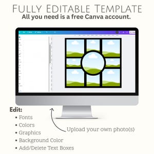 May include: A computer monitor displays a fully editable template with a grid of photo frames. The text reads "FULLY EDITABLE TEMPLATE" and "All you need is a free Canva account." Additional text indicates options to edit fonts, colors, graphics, and background color.