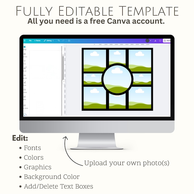 May include: A computer monitor displays a fully editable template with a grid of photo frames. The text reads "FULLY EDITABLE TEMPLATE" and "All you need is a free Canva account." Additional text indicates options to edit fonts, colors, graphics, and background color.