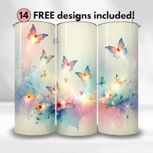 May include: Three stainless steel tumblers with a watercolor design featuring butterflies in shades of pink, blue, and yellow. The tumblers have a white background and are decorated with a delicate floral pattern.