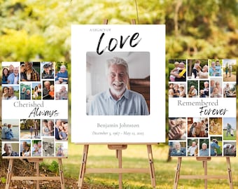 Cartello funebre di benvenuto, modello modificabile Canva, collage di foto, download digitale, set di poster personalizzati per la celebrazione della vita in amorevole memoria