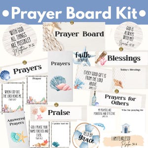May include: A prayer board kit with a nautical theme. The kit includes various cards with inspirational quotes, Bible verses, and prompts for prayers, praise, and blessings. The design features seashells, starfish, and a life preserver.