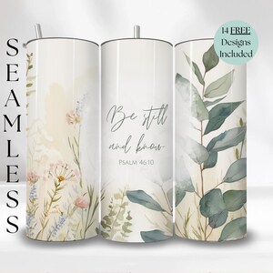 Op de afbeelding: Drie roestvrijstalen bekers met verschillende ontwerpen. De eerste beker heeft een aquarel bloemenontwerp in roze, blauwe en groene tinten. De tweede beker heeft een aquarel ontwerp van bladeren en de tekst "Be still and know PSALM 46:10". De derde beker heeft een aquarel ontwerp van bladeren in tinten groen.