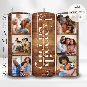 Op de afbeelding: Een naadloze tumbler met een houten achtergrondontwerp. De tumbler heeft familiefoto's in rechthoekige frames. Het woord "Family" is verticaal in het wit gedrukt, samen met de woorden "Loving, Supportive, Together, Strong, United, Unbreakable."