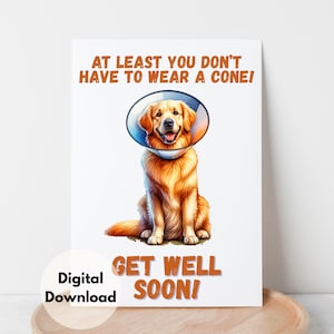Cartão de felicitações para impressão Golden Retriever, para melhorar logo, arquivo digital PNG para download, desejos de melhoras, recuperação rápida e cartão engraçado