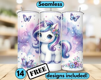 May include: A set of 14 sublimation designs featuring a cute cartoon unicorn with a purple and blue mane and tail. The unicorn is surrounded by a purple and blue galaxy background with butterflies and flowers. The designs are perfect for creating custom tumblers, mugs, and other personalized gifts.