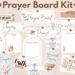 以下が含まれることがあります： さまざまな装飾要素を備えた祈りのボードキット。 「Prayer Board」、「Prayers」、「Praise」などのフレーズが書かれた長方形とアーチ型のサインが含まれています。 フローラルアクセントとインスピレーションを与える引用句が特徴です。