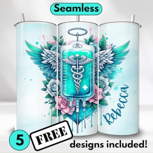 Sjuksköterskemugg med sömlös design för sublimeringstryck med anpassat namn på 20 oz smal rak kopp, direkt digital konst, PNG-fil