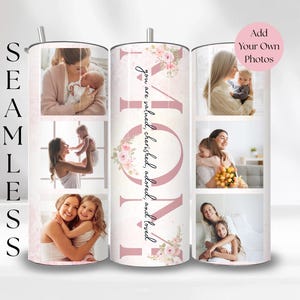 Vaso con foto personalizada, regalo para el Día de la Madre, vaso recto delgado de 20 oz, diseño rosa sin costuras, impresión por sublimación DIY