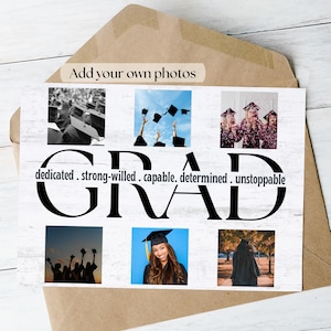 Carte de voeux personnalisable avec collage de photos pour l'obtention du diplôme Félicitations pour un diplômé du secondaire ou de l'université Ajoutez vos propres photos PNG